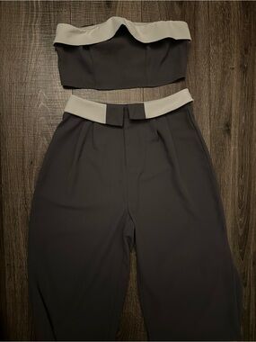 SHEIN Gray Two Piece Set | Strapless Top & High Waist Wide Leg Pants XS